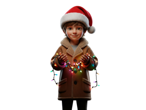 Cute Christmas kid holding colorful festive lights isolated on transparent background