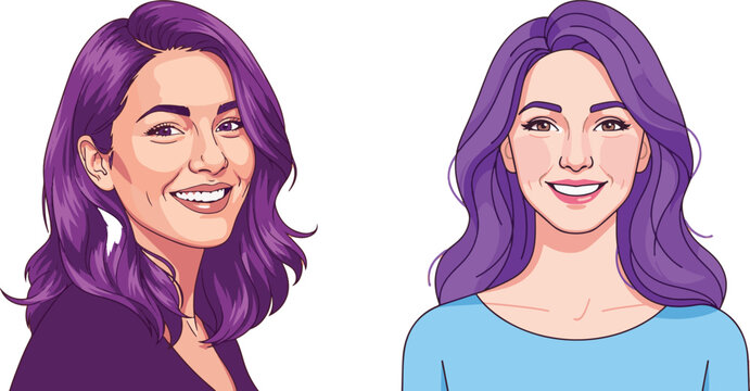 Vector Illustration of Two Smiling Women with Purple Hair