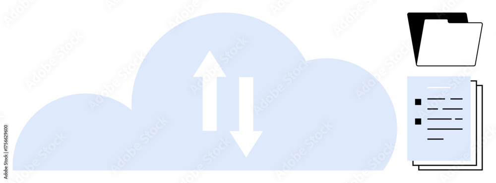 Wall mural cloud with up and down arrows showing data exchange, alongside stacks of documents and folders. idea