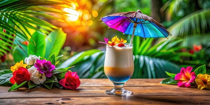 Layered tropical cocktail garnished with colorful flowers under a miniature umbrella on a wooden surface