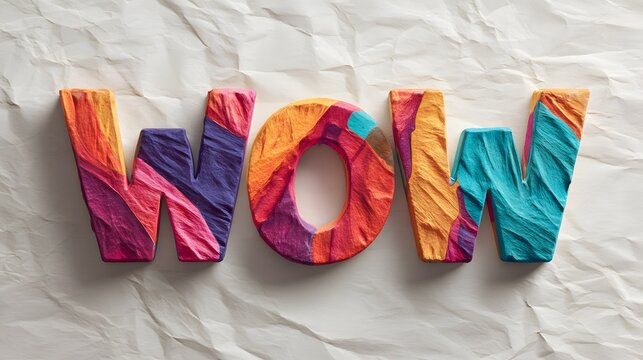 Colorful 3D letters spell "WOW" on crumpled paper.