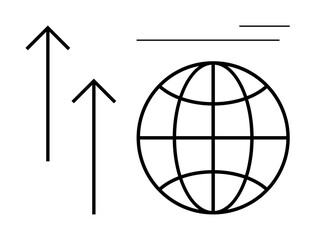 Globe symbol beside upward arrows, representing growth, globalization, progress, innovation, and development. Ideal for finance, business, technology education economy strategy simple flat