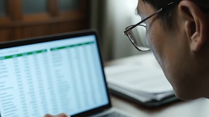 Focused person in glasses deeply analyzing complex data on a laptop screen diligently reviewing a spreadsheet for business insights and financial reports highli - Powered by Adobe