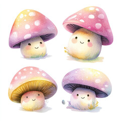 Watercolor wild magic mushroom clipart, in different poses and shapes, simple