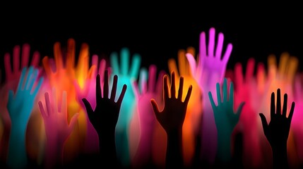 Obraz premium Many hands are raised with vibrant colors against a dark background.