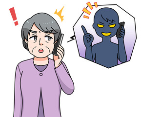 詐欺電話の対応をする高齢女性