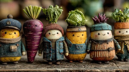 Cute, handmade potato-like figures, holding different vegetables