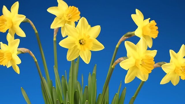 Vibrant Yellow Daffodils Blooming Against a Bright Blue Background.