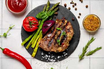 Tasty grilled steak with vegetables, Dijon mustard and ketchup on white tile background
