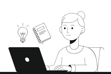 Woman at laptop with glowing lightbulb and notebook computer