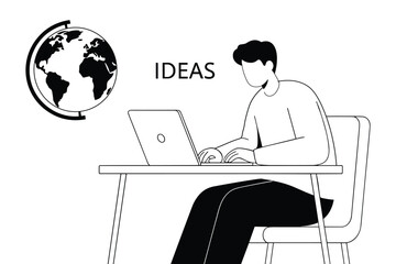 Man at desk with laptop and globe thinking about ideas computer