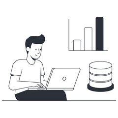 Man using laptop near bar chart and database icon computer