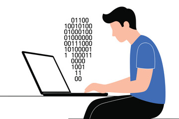 Man in blue shirt typing on laptop with binary code flowing upwards person computer
