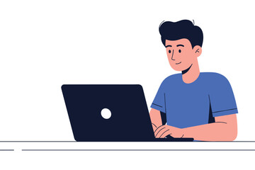 Young man with dark hair wearing a blue t shirt typing on a dark laptop computer person