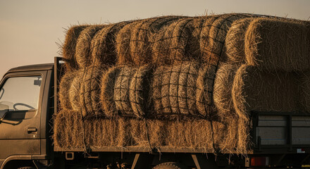 Loaded farm truck transporting stacked rectangular hay bales during harvest season in rural countryside at sunset, highlighting agricultural work and transportation logistics