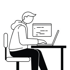 Person in hoodie typing on laptop at desk with code on screen chair