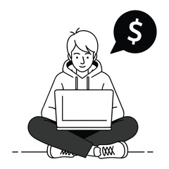 Young person sitting cross legged with laptop and dollar sign thought bubble computer