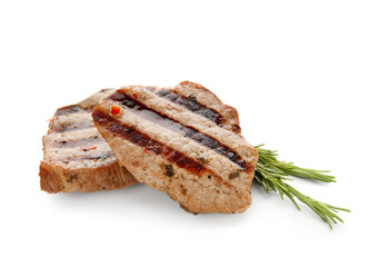 Tasty grilled steaks with rosemary on white background