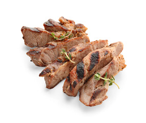 Cut grilled steak with thyme on white background
