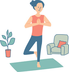 部屋でヨガをする女性のイラスト