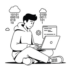 A person in a hoodie sitting cross-legged with a laptop and binary code clouds computer