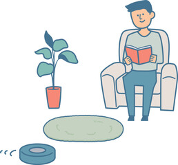 ロボット掃除機と部屋でくつろぐ男性のイラスト