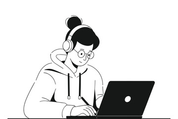 Person wearing headphones and glasses working on a laptop computer woman girl