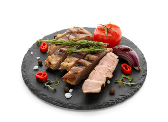 Cut grilled steak with tomato, rosemary and onion on white background