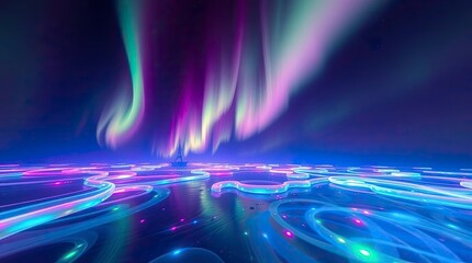 Iridescent colors, glowing bioluminescent colors, beautiful aurora view, iridescent reflections, natural light effects, vibrant glow