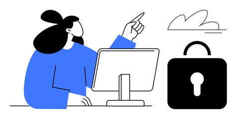 Businesswoman at desk with desktop screen gestures toward cloud beside padlock. Ideal for cybersecurity, cloud computing, digital safety, data encryption, online privacy, access control, simple flat © robu_s