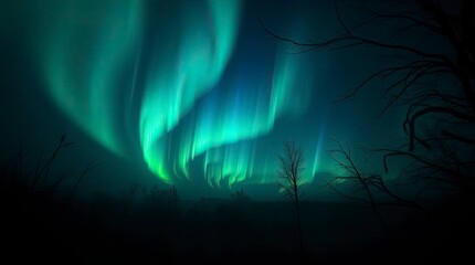 Volumetric lighting within an eerie, creepy atmosphere of a beautiful aurora view, with dark tones and unsettling details revealing visible light beams