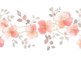 Watercolor floral border, in pastel pink colors, on a white background, in a cute style, with a simple design and minimal details. 