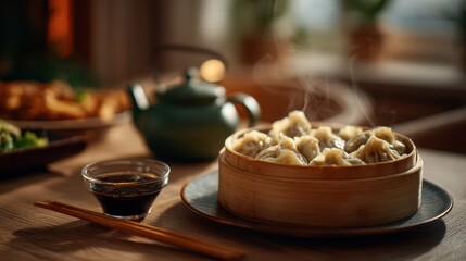 Steaming bamboo basket filled with freshly cooked dumplings served with soy sauce and tea, bathed in warm sunlight creating a cozy and inviting atmosphere of traditional Asian cuisine