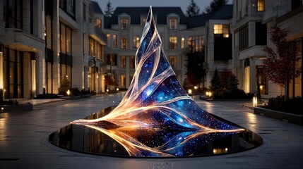 Abstract sculpture with cosmic design set against a luxurious urban architectural backdrop
