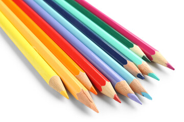 Row of colorful pencils on white background