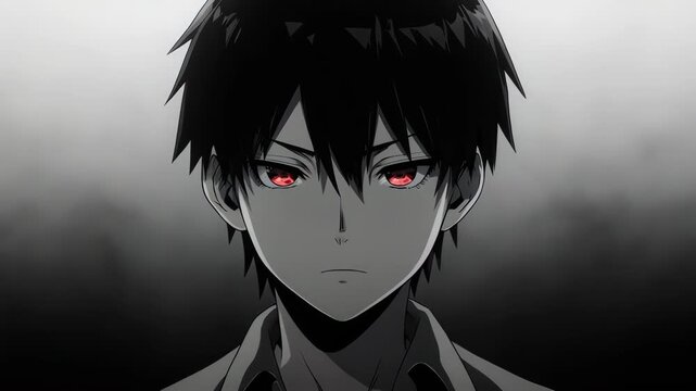 A stylish and minimalist close-up of an anime boy showing cold indifference. His emotionless, half-lidded eyes and a monochrome palette create a cool, detached, and aloof character.