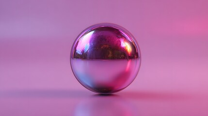 Gleaming chrome sphere reflects vibrant pink and purple lights on a smooth surface.