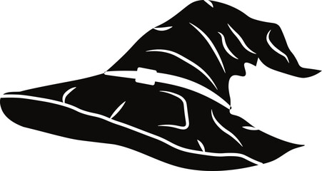 Black silhouette illustration of a pointed witch hat with a wide brim and buckle strap. A spooky and classic Halloween symbol often linked to witches, magic, and the supernatural.