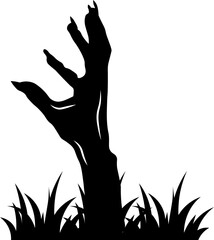 Black silhouette of a zombie hand emerging from the ground, surrounded by grass, symbolizing horror, Halloween, or undead resurrection themes.