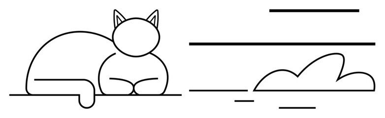 Relaxed cat lying with tranquil posture beside abstract cloud design and subtle horizontal lines. Ideal for calm, contemplation, nature, rest, tranquility, serenity, simple flat metaphor