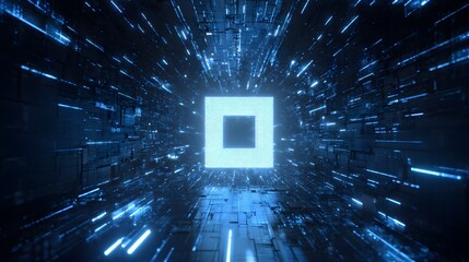 Glowing square travels through a futuristic blue digital tunnel.