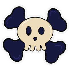 Playful cartoon skull and crossbones with dark blue bones, ideal for Halloween graphics, pirate themes, or spooky decoration designs.