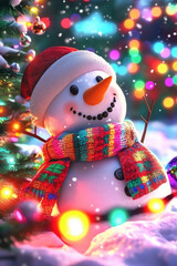 Snowman wearing a Santa hat and colorful knitted scarf standing beside a Christmas tree decorated with lights. Realistic 3D illustration with warm lighting perfect for winter and Christmas themes.