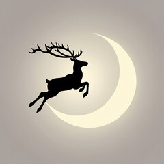 Obraz premium Black Reindeer Silhouette Leaping Over Glowing Crescent Moon Minimalist Design