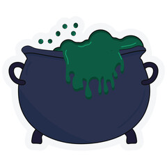 Cartoon illustration of a bubbling black cauldron filled with green potion, ideal for Halloween decorations, spooky designs, and fantasy themes.