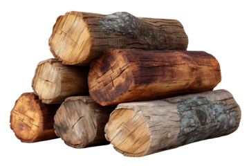 Firewood logs stacked woodpile for winter fuel wood burning season isolated on transparent background