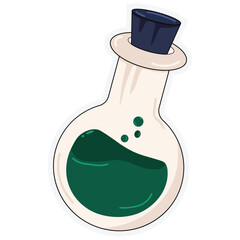 Cartoon illustration of a glass potion bottle filled with green liquid and bubbles, ideal for magic, fantasy, or Halloween themes.