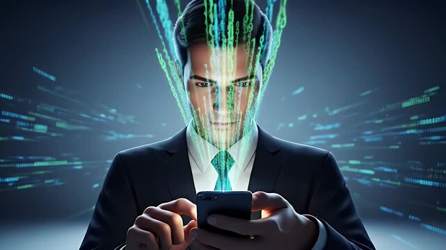 Man in Suit Using Smartphone with Binary Code Overlay Futuristic Technology Concept Cyber Security Data Stream on Gradient Blue Background Studio Lighting - Powered by Adobe