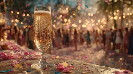Celebration with champagne glass and blurry background of people celebrating in the party