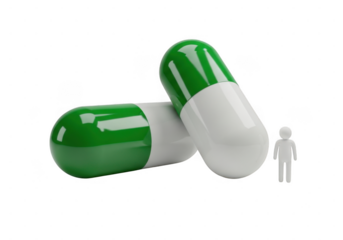 Green and white capsule pills isolated on transparent background with small human figure